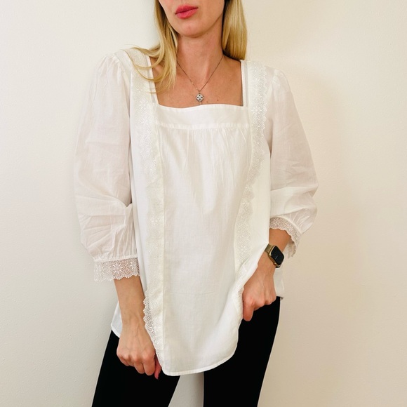 Talbots poplin square neck top blouse lace boho - Picture 5 of 14